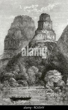 Afrika Zentrale. Monte donde habita El Espíritu Mtombua. Vista del Mtombua Urungu a orillas del lago Tanganika. Grabado. Afrika inexplorada, El Continente Misterioso, por Henry Morton Stanley, h. 1887. Biblioteca Histórico Militar de Barcelona, Cataluña, Spanien. Stockfoto