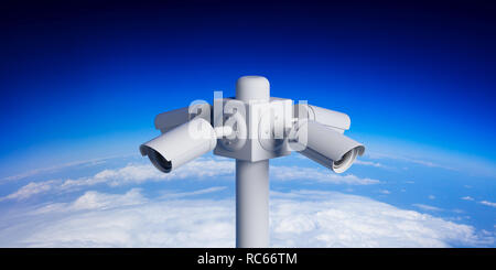 Sicherheit Kameras CCTV-System. Überwachung Nocken auf der Pole am blauen Himmel, die Krümmung der Erde Hintergrund. 3D-Darstellung Stockfoto