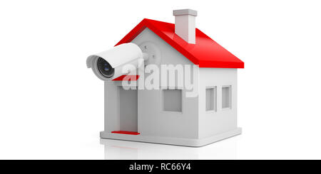 Sicherheit CCTV System und zu Hause. Überwachungskameras schützen ein kleines Haus auf weißem Hintergrund. 3D-Darstellung Stockfoto