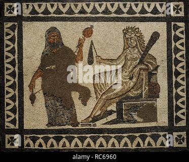 Mosaico Romano de los Trabajos de Hércules. Las mejores de la parte Central con la representación de Hércules y Ónfale. Siglo III. Procedente de Liria (Provincia de Valencia). Museo Arqueológico Nacional. Madrid. España. Stockfoto