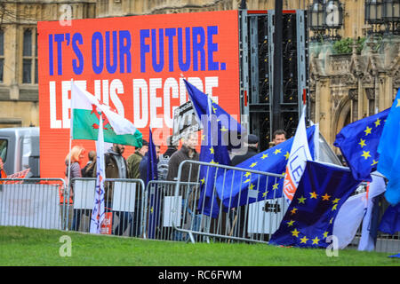 Westminster, London, Großbritannien. 14 Jan, 2019. Pro und Anti Brexit Proteste sammeln Dynamik außerhalb der Häuser des Parlaments und am College Green in Westminster, vor der morgigen Abstimmung im Parlament über die Premierminister Brexit beschäftigen. Credit: Imageplotter Nachrichten und Sport/Alamy leben Nachrichten Stockfoto