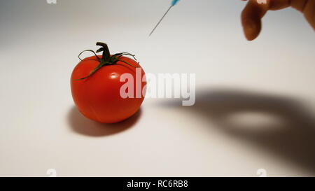 Hand spritzt eine Spritze mit grüner Flüssigkeit GVO in eine Tomate auf weißem Hintergrund Stockfoto