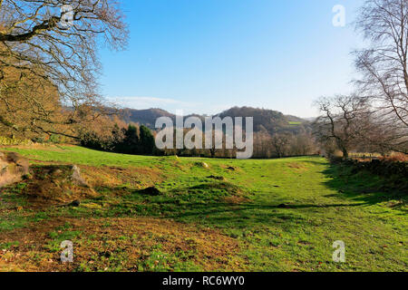 Derbyshires Kalkstein Weg führt über sanfte Hügel und durch üppige Wiese an einem strahlenden Wintermorgen. Stockfoto