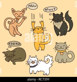 Vektor einrichten von Cartoon Katzen. Süße Hand gezeichneten Stil Stock Vektor