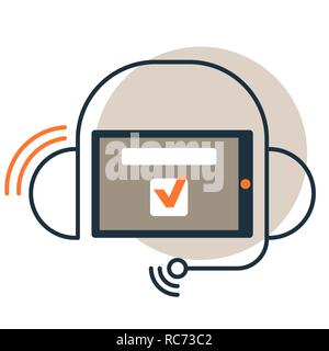 Kopfhörer mit Smartphone und Kontrollkästchen-symbol, online Call Center Support Vektorsymbol, flache Linie Design Stock Vektor