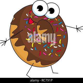 Lustige donut Charakter mit Schokolade, Cartoon Stil Raster Abbildung auf weißem Hintergrund. Donut Charakter mit Augen, Hände und Beine Stockfoto