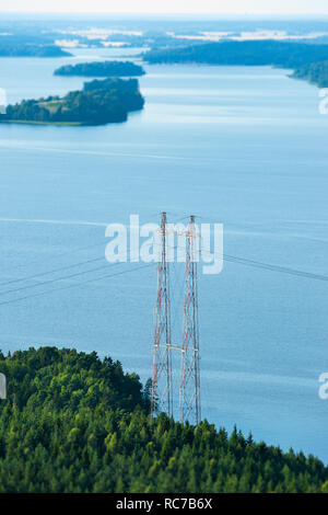 Luftaufnahme von Strom Pylon in Wald am Seeufer Stockfoto