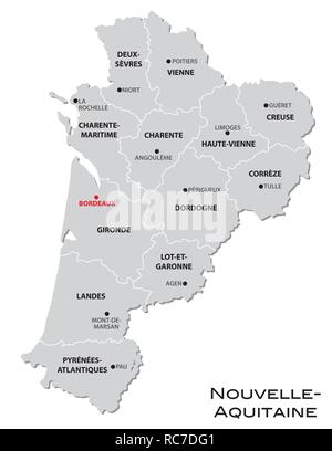 Einfachen grauen administrative Karte der neuen französischen Region Nouvelle-Aquitaine Stock Vektor