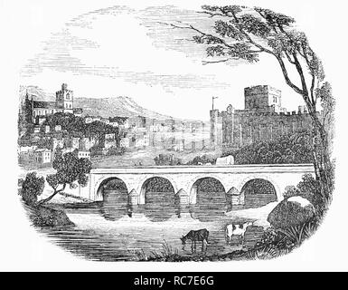 Rinder trinken aus dem Fluss Eden Eden unter der Brücke und in der Nähe von Carlisle Castle. Carlisle ist am südlichen Ufer des Flusses Eden entfernt, in der englischen Grafschaft Cumbria. 1122, Heinrich I. von England bestellt, eine steinerne Burg auf der Website eines vorhandenen erstellt werden. Zu dieser Zeit, Cumberland (der ursprüngliche Name für Cumbria) noch als Teil von Schottland. Die Notwendigkeit einer Burg an der nördlichen Grenze Englands gegen die drohende Invasion aus Schottland gesichert. Stockfoto