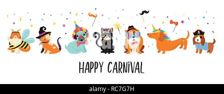 Lustige Tiere, Haustiere. Süße Hunde und Katzen mit einem bunten Karneval Kostüme, Vector Illustration Stock Vektor