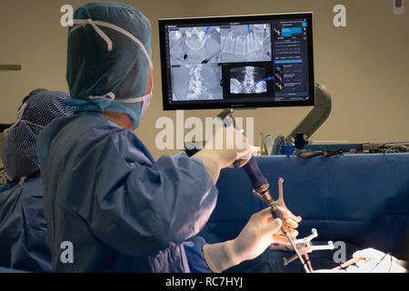 Arzt auf die Neuronavigation computer-unterstützte Technologie system Bildschirm während der wirbelsäulenchirurgie Stockfoto