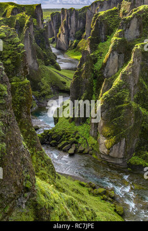 Fjaðrárgljúfur Canyon im Süden Islands. Die Schlucht wurde durch die Lava und palagonite durch fortschreitende Erosion durch die Fjaðrá Fluss geschnitzt, durch m zugeführt Stockfoto