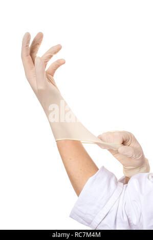 Zwei Hände auf Gummihandschuhe Stockfoto