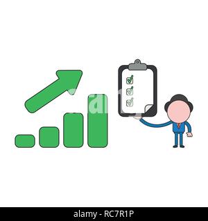 Vector Illustration Konzept der Geschäftsmann Charakter mit einem Umsatz Balkendiagramm verschieben, halten Sie die Zwischenablage mit Prüfzeichen. Farbe und schwarzen Umrissen. Stock Vektor