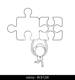 Vector Illustration Konzept der Geschäftsmann Charakter läuft und zwei angeschlossenen Puzzleteile. Schwarzer outline. Stock Vektor