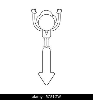 Vector Illustration Konzept der Geschäftsmann Zeichen stehen auf Pfeil nach unten bewegt. Schwarzer outline. Stock Vektor