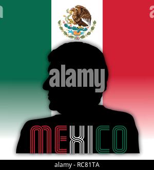 Andrés Manuel López Obrador, Präsident von Mexiko, silhouette Porträt auf der Mexikanischen Flagge, Vector Illustration Stock Vektor
