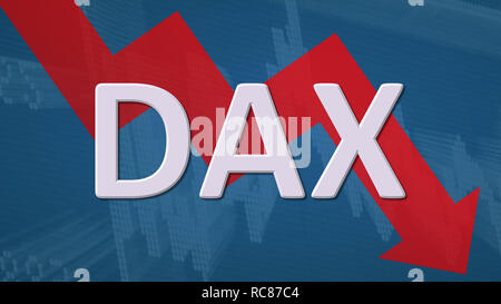 Der Deutsche Aktienindex DAX fällt. Die roten Zick-zack-Pfeil hinter dem Wort DAX auf blauem Hintergrund mit einem Börse Chart zeigt... Stockfoto