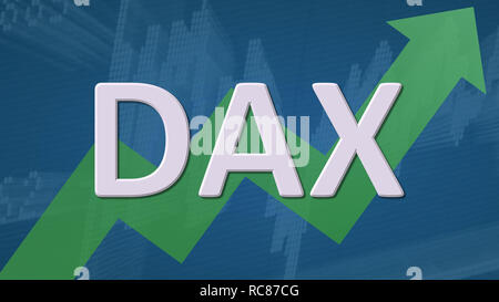 Der Deutsche Aktienindex DAX steigt. Eine grüne zig-zag Pfeil hinter dem Wort DAX auf blauem Hintergrund mit einem Börse Chart Show... Stockfoto