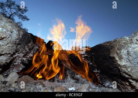 Brennendes gas Lüftungsschlitze, Chimären, Mount Chimera, Lykien, Türkei, westlichen Asien Stockfoto