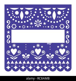 Papel Picado Vorlage vektor design, Mexikanische happy marine blau Papier fiesta Dekoration aus Mexiko mit Blumen und geometrischen Muster. Schneiden Sie Design Stock Vektor