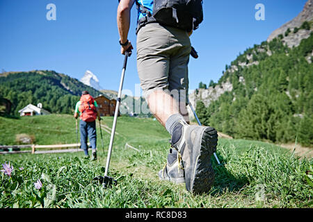 Wanderer auf saftig grünen Feld, Chalets im Hintergrund, Mont Cervin, Matterhorn, Wallis, Schweiz Stockfoto