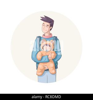 Der glückliche Vater Tag. Vector Illustration von Cartoon Stil junger Vater Walking im Freien mit seiner neugeborenen Baby für Ihr Design Stock Vektor