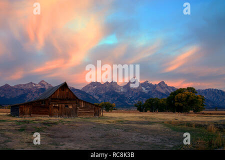 Sunrise Molton Scheune auf Mormon Reihe, Grand Teton National Park, Wyoming Stockfoto