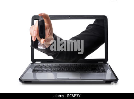 Hand mit usb Aus laptop, isoliert weißer Hintergrund Stockfoto