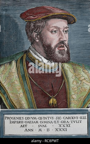 Karl V. (1500-1558). Kaiser des Heiligen Römischen Reiches. Porträt. Kupferstich von Germania, 1882. Stockfoto