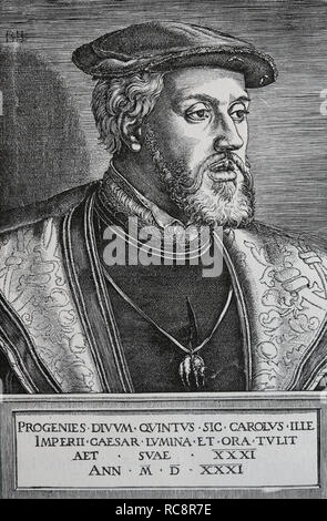 Karl V. (1500-1558). Kaiser des Heiligen Römischen Reiches. Porträt. Kupferstich von Germania, 1882. Stockfoto