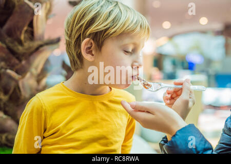 Junge am Flughafen - Junge Essen beim Warten auf seinen Flug Stockfoto