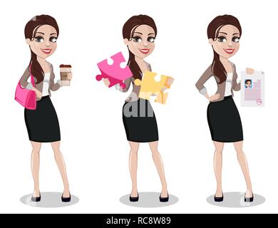 Business Woman in Freizeitkleidung, der drei Posen. Schöne Geschäftsfrau Comicfigur hält Kaffee, hält zwei Stücke von Puzzle und hält sig Stock Vektor