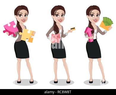 Business Woman in Freizeitkleidung, der drei Posen. Schöne Geschäftsfrau Comicfigur hält zwei Stücke von Puzzle, hält piggy Bank und hält Stock Vektor