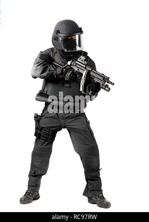 Polizei, besondere Task Force, SEK, Officer tragen volle Schutzwirkung einheitliche Holding eine Heckler & Koch MP5-Maschinenpistole Stockfoto