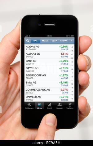 Iphone, Smartphone, Informationen über Aktienkurse, App auf dem Bildschirm Stockfoto