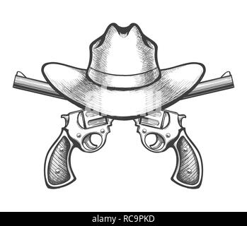 Cowboy Hut und ein Paar gekreuzte Gewehr Revolver Pistole in eine handgemachte Art gezeichnet. Vector Illustration. Stock Vektor