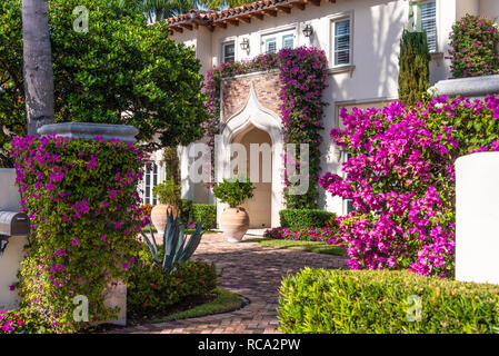 Mediterrane Revival-stil home mit lebendigen Bougainvillea in Palm Beach, Florida. (USA) Stockfoto