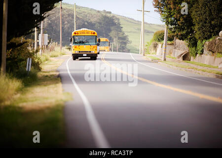 Zwei Schulbusse fahren entlang einer Landstraße. Stockfoto