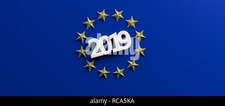 Eu-Parlament 2019 Wahl. White 2019 Zahl in einem Kreis mit goldenen Sternen auf blauem Hintergrund. 3D-Darstellung Stockfoto