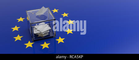 Eu-Parlament Wahl Konzept. Abstimmung auf EU-Flagge im Hintergrund. 3D-Darstellung Stockfoto