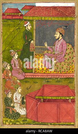 Khusrau hören Barbad spielen Laute und Nigisa spielen der â € "changâ €™. Eine verkürzte Version der Khusrau u Shirin von nizami. 63-Miniaturen. 1726. Opak Aquarell. Mughal Stil. Quelle: Oder. 2933 f) 76. Autor: Anon. Stockfoto