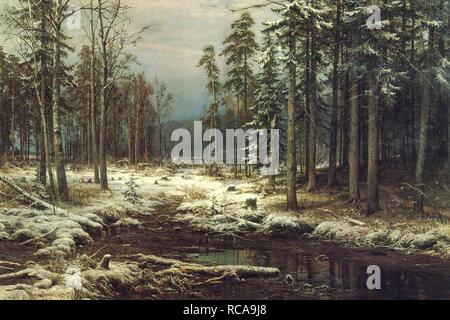 Der erste Schnee. Museum: Museum der russischen Kunst, Kiew. Autor: SHISHKIN, Iwan Iwanowitsch. Stockfoto