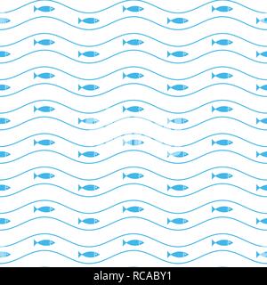 Geometrisch-abstrakte Einfache minimalistische Vektor marine Muster mit Fische und Wellen. Stock Vektor