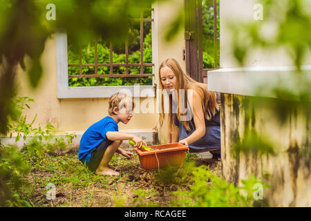 Schöne junge Frau und ihres süßen Sohn einpflanzen Sämlinge im Bett in den heimischen Garten im Sommer Tag. Garten Werkzeug, Handschuhe und Gießkanne im Freien. Gartenbau Aktivität mit Kind und Familie Stockfoto