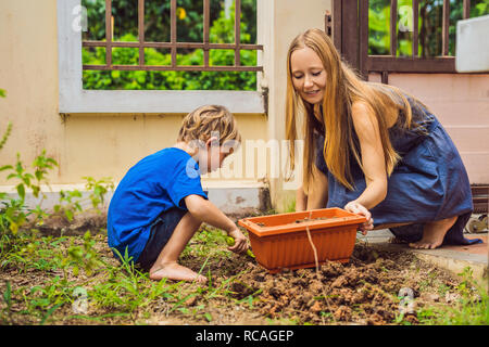 Schöne junge Frau und ihres süßen Sohn einpflanzen Sämlinge im Bett in den heimischen Garten im Sommer Tag. Garten Werkzeug, Handschuhe und Gießkanne im Freien. Gartenbau Aktivität mit Kind und Familie Stockfoto