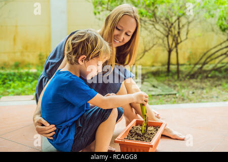 Schöne junge Frau und ihres süßen Sohn einpflanzen Sämlinge im Bett in den heimischen Garten im Sommer Tag. Garten Werkzeug, Handschuhe und Gießkanne im Freien. Gartenbau Aktivität mit Kind und Familie Stockfoto