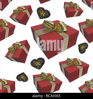 Bunte rote Geschenkboxen und Herzen mit goldenen Bögen der Bänder fliegen auf weißem Hintergrund. nahtlose Muster. 3D-Darstellung. Stockfoto