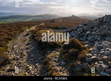 Der Blick nach Süden entlang der Stiperstones ridge, in Richtung Heide Mynd und Linley Hill, Shropshire. Stockfoto