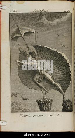Victorin in der Luft. Ein Mann versucht, mit falschen Flügeln zu fliegen. La DeÌcouverte australe par un Homme - Volant, ou le DeÌdale francÌ § ais; nouvelle treÌ € s philosophique: Suivie de la Lettre d'€™ un Singe. Leipzig, Deutschland 1781. Quelle: Tab. 605. b) 12-15 Seite 180. Sprache: Französisch. Autor: Restif de la Bretonne, Nicolas Anne Edme. Stockfoto